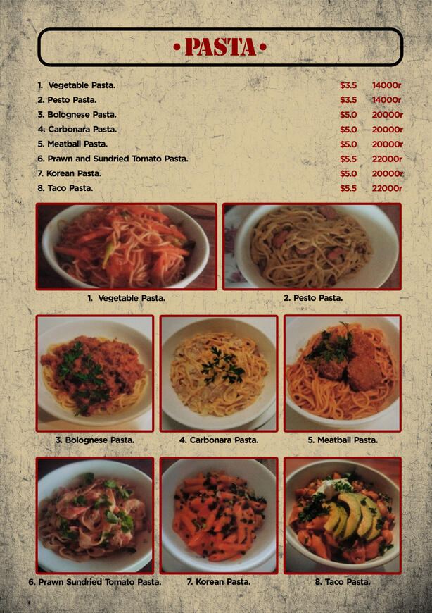 Italian pastas served in the Hideout's special style