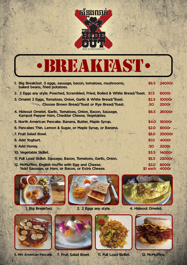 The Hideout, Kampot's breakfast menu, featuring eggs, pancakes, McMuffins, & more